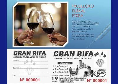 Este sábado 19 de febrero Cena y Rifa organizada por el Trujilloko Euskal Etxea - Centro Vasco de Trujillo