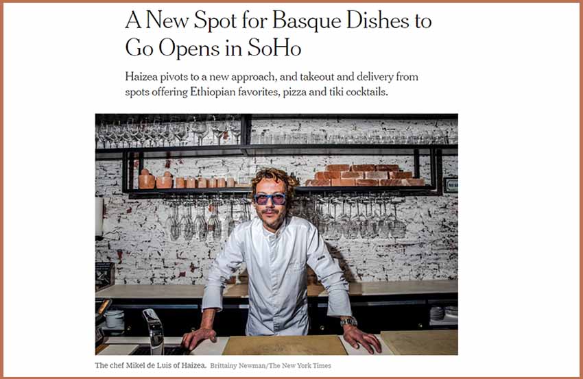 El chef Mikel de Luis en la nota publicada este martes por el New York Times con motivo de la inauguración de su restaurante Haizea