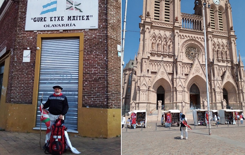 Miguel Boado, al comienzo del viaje, frente al Centro Vasco de Olavarría, y ya en destino, llegando a la Basílica de Luján