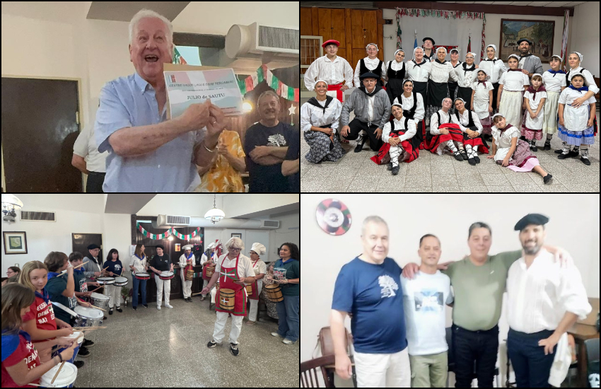 Ezker eskuin: Julio de Sautu omendua; Goizeko Izarra taldeko dantzariak; danborrada donostiarra; Chacabukoko Ever Rodríguez eta Ricardo Santini muslari txapeldunak (erdian), M. Urruchuaga eta D. Altamira Lagun Onak-eko bazkideekin