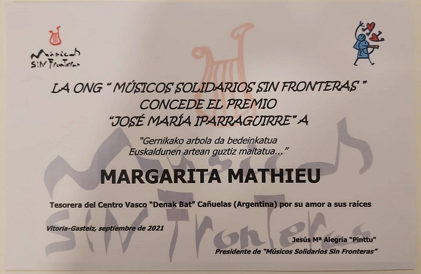 Certificate of the new “Iparragirre” prize awarded by the first time by Musicians without Borders to Margarita Mathieu