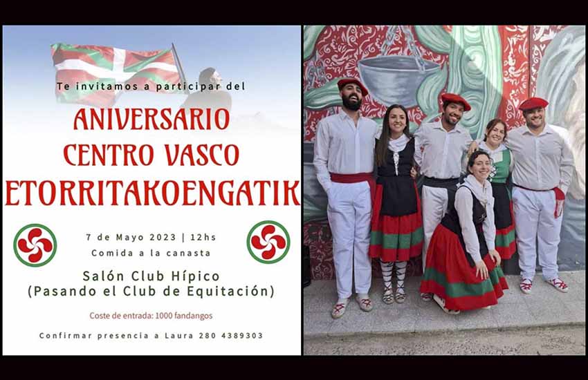 A la izquierda, invitación al Almuerzo por el duodécimo aniversario. A la derecha, imagen de los jóvenes dantzaris de Etorritakoengatik en la conmemoración por los 86 años del Bombardeo de Gernika en la sede de Haraneko Euskal Etxea (Trelew)