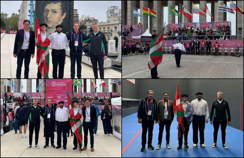 Marcelo Mariezcurrena, de la Conf. Arg. de Pelota, Juanjo Miravalles, Mateo Tacconi, Fernando Sánchez, pte. de la Fed. Santafesina de Pelota, Guillermo Canut en el Monumento Nacional a la Bandera. En el Trinquete de Gimnasia y Esgrima con Valentin Tacconi