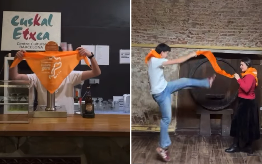Bartzelonako Euskal Etxeko lagunek 24. Korrikako zapi laranjak aurkeztu zituzten joan den larunbatean, 2026ko Sagardo Egunean