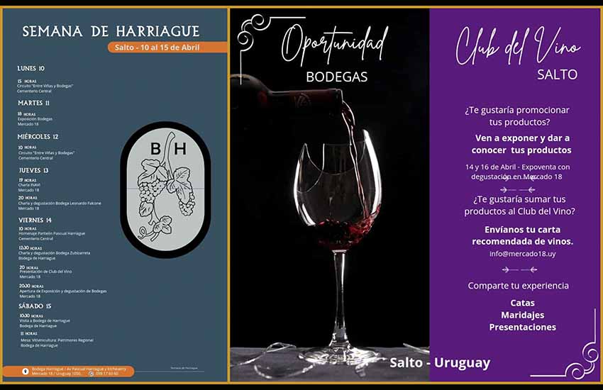 Programa de la Semana de Harriague en Salto, Uruguay, del 10 al 15 de abril e imagen promocional de la presentación del Club del Vino