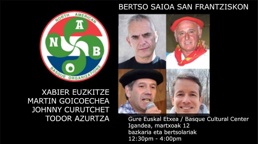 Cartel del festival de bertsolaris del domingo en el Basque Cultural Center de San Francisco, con la posibilidad de seguirlo en vivo online
