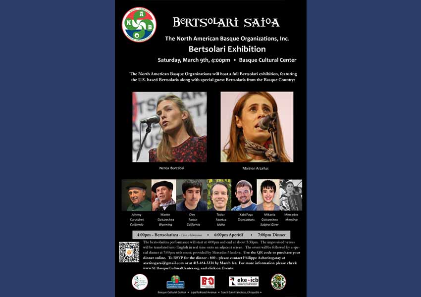 Este sábado 9 de marzo, NABO Bertso saioa en el Basque Cultural Center de San Francisco, retransmitido online en directo