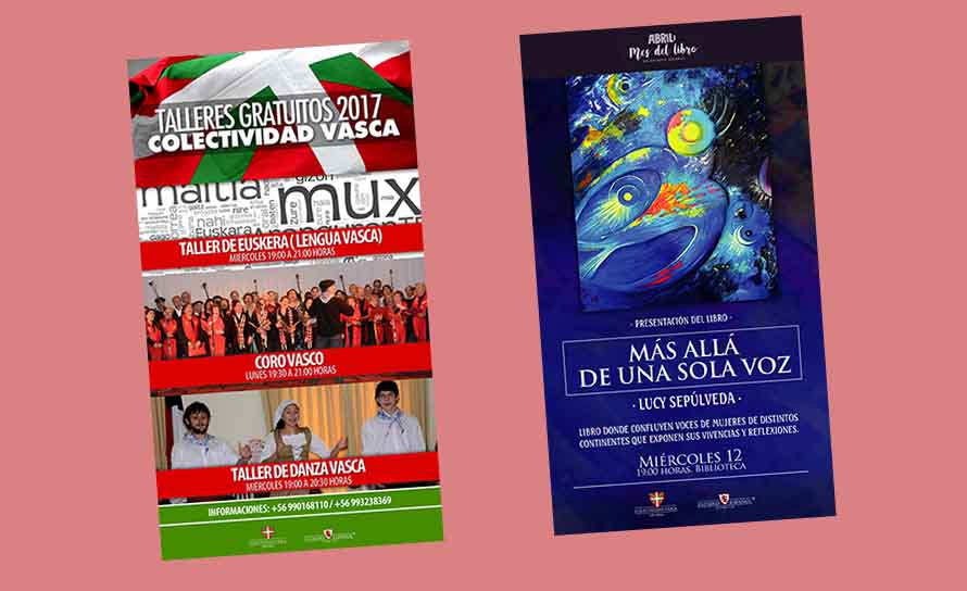 Posters for activities at the Basque Community of Chile Basque Club in 2017 as well as last week’s book presentation 