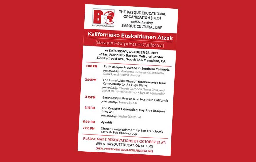 “Kaliforniako Euskaldunen Atzak” (Basque Footprints in California), informative event this Saturday at the Basque Cultural Center in San Francisco