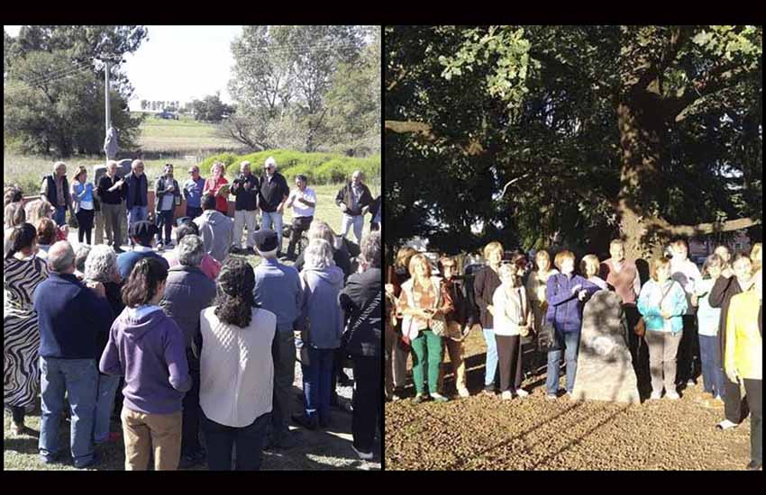 A la izquierda, vecinos del Paraje El Gallo de Tandil, junto a autoridades municipales y de Gure Etxea. A la derecha, estudiantes de UNICEN bajo el descendiente del Árbol de Gernika en la Plaza M. Rodríguez de Tandil