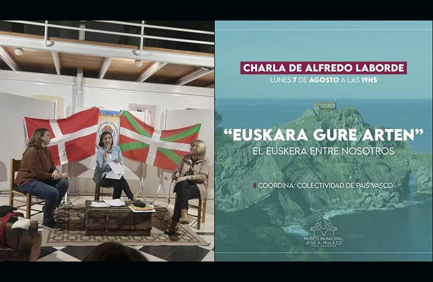 A la izquierda, imagen del conversatorio del 4 de agosto, con la participación de Patricia Puente, de Hiru Erreka y Ana Kisbye, por la comunidad danesa, a la derecha, flyer promocional de la charla que dictará hoy el irakasle Alfredo Laborde