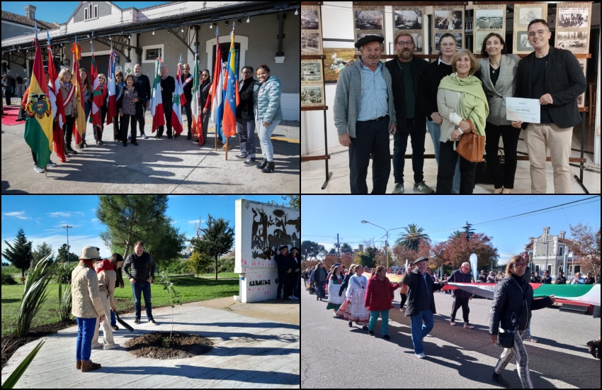 Playón Culturaleko ekitaldia; Mulazzi Museoan, ezk. esk., lehendakari H. Jaureribehere, S. Laborde, M. Hojbjerg, C. Cataneo eta solasaldiko antolatzaile Juan Moizzi; Plaza Vasca-n, Pablo Garate intendentea (beltzez) eta Hiru Erreka Desfile Zibikoan