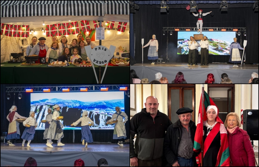 Hiru Errekako postua; oholtzan Kaxarranka eta Kaskarot, eta Udaletxean, Carlos Etcheto, Hiru Errekako lehendakari Horario Jaureguibehere, Josefina Etcheto eta Clyde Etchegoyen