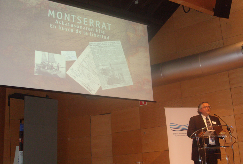 Juan Jose San Mamés, sobrino de Felix San Mamés, en la inauguración de la exposición sobre el viaje del Montserrat en el Museo Marítimo de Bilbao (foto familia San Mames)