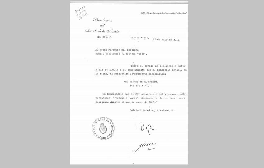 Reconocimiento del Senado de la Nación