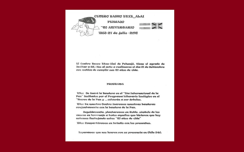 Programa que llevará a cabo hoy el Etxe Alai de Pehuajó por su 60º aniversario