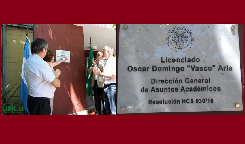 Imagen del acto realizado y de la placa descubierta en la Universidad Nacional de Lujan 