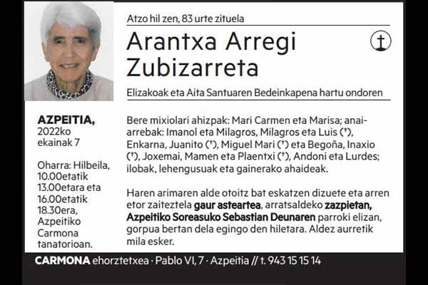 Ama Arantxa Arregi Zubizarreta