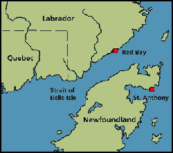 Situación de Red Bay en el Estrecho de Belle Isle, que separa Labrador de Terranova, en la costa noreste americana (mapa de Duleepa Wijayawardhana)]