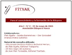 El egundo de los archivos de 'Fitxak', iniciativa de la Asociación Diáspora Vasca, está ya descargable. En la foto, aspecto de esta segunda fitxa 'para el conocimiento y la formación de la diáspora'
