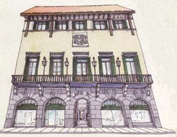 Dibujo de la fachada principal del Centro Laurak Bat en la porteña Avenida Belgrano
