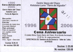 'Txartela' o tarjeta de admisión al X Aniversario del Centro 'Kotoiaren Lurra' del Chaco el 2 de diciembre
