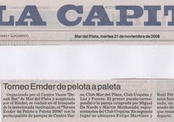 Recorte de prensa referido al Torneo Emder de Pelota a Paleta disputado en Mar del Plata