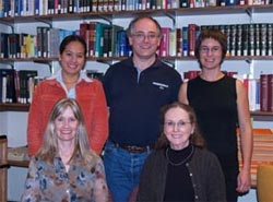 Visiting researcher Iñaki Goiogana (center) is flanked by the staff of the Basque Studies Library. From left front are Michelle Rachal, Hilda Centeno, Nere Erkiaga, and Araby Greene, webmaster for the University Libraries. Photo by Estibalitz Ezkerra.