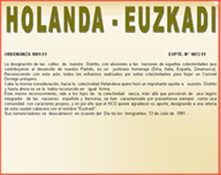 Ordenanza Municipal 1089-91 de Coronel Dorrego, donde se explica la razón de  denominar Euzkadi a una de las calles de la localidad (ver el texto transcrito al final del artículo)