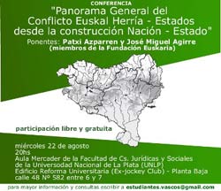 Cartel de la charla que ofrecerán mañana los miembros de la Fundación Euskaria en la UNLP