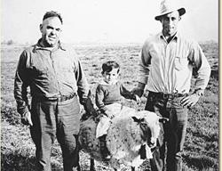 Idahoko artzainen hiru belaunaldi: Victor Echevarria, Henry Achurra iloba ardi gainean eta Santiago Achurra suhia (argazkia Idaho State Historical Society)