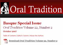 Journal of Oral Tradition aldizkariaren azala