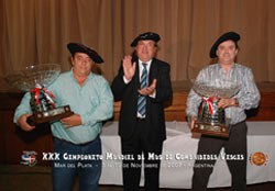 Iñaki Abendibar y Angel Rivero sostienen las copas de ganadores del Campeonato Mundial de Mus 2007, realizado en Mar del Plata.