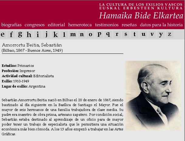 Detalle de la biografia de Sebastián de Amorrortu que puede leerse en la web de Hamaika Bide