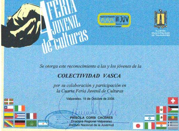 Diploma otorgado a los jóvenes del Eusko Etxea porteño tras su participación en la IV Feria Juvenil de Culturas