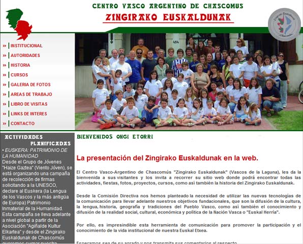Portada de la página web de Zingirako Euskaldunak