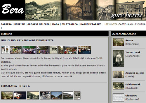 Portada de BeraGureHerria.com, página web en euskera, que tiene en BeraNuestroPueblo.com su versión en castellano; fotografías antiguas y modernas de Bera accesibles ahora a través de la red