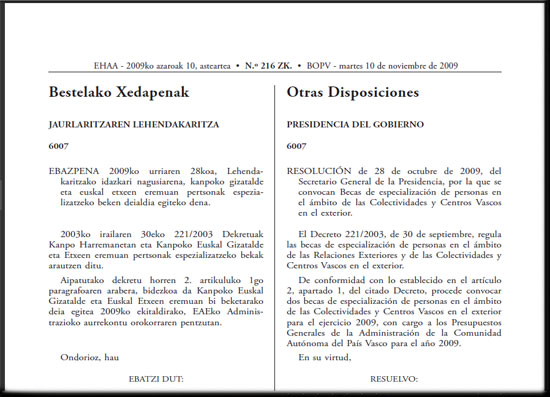 El ejemplar del Boletín Oficial del PV que publica la convocatoria