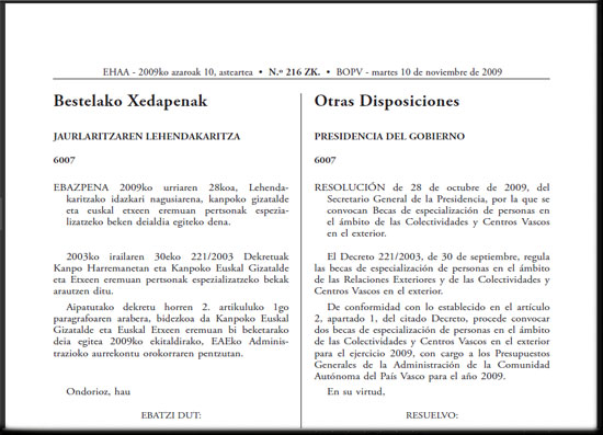 El ejemplar del Boletín Oficial del PV que publica la convocatoria