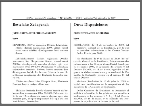 El boletín oficial de ayer en la página en la que da cuenta de las subvenciones 2009 a Centros Vascos-Euskal Etxeak