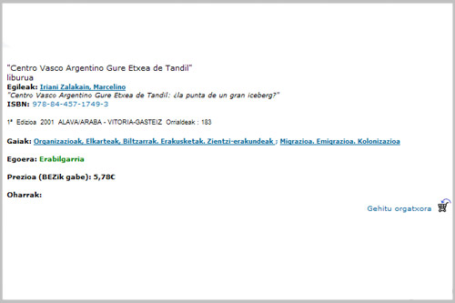 Marcelino Irianiren "Centro Vasco Argentino Gure Etxea de Tandil" interenetz eros daitezkeen izenburuetakoa da, 5,78 euro balio ditu eta aleak geratzen dira