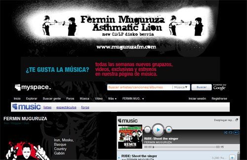 Página Myspace del artista vasco Fermín Muguruza; el músico vasco que más difunde su música a través de internet, sea en www.myspace.com/ferminmuguruza, en www.myspace.com/ferminmuguruzamx o en otras