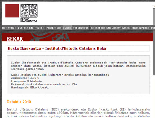 La convocatoria en la página web de Eusko Ikaskuntza