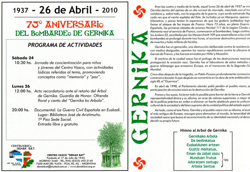 Afiche que anuncia los actos conmemorativos del 73 aniversario del bombardeo de Gernika en la ciudad argentina de Mar del Plata.