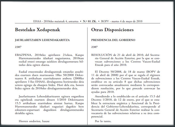 El Boletín que recoge la convocatoria de subvenciones a Euskal Etxeak 2010