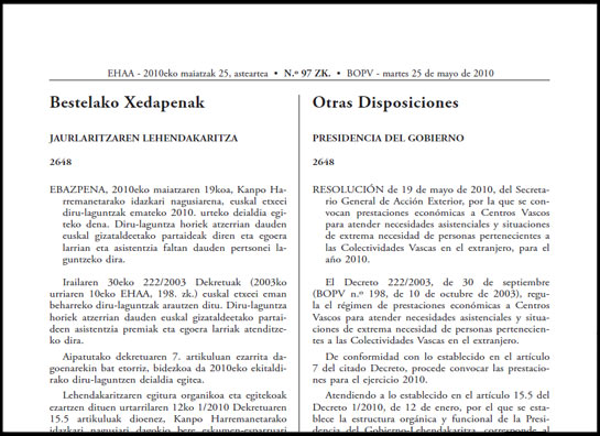 Atzoko EHAAren alea,  Euskal Gizataldeetan egoera larrian dauden pertsonentzako 2010eko laguntzak deitu eta zehazten dituena (argazkia EuskalKultura.com)