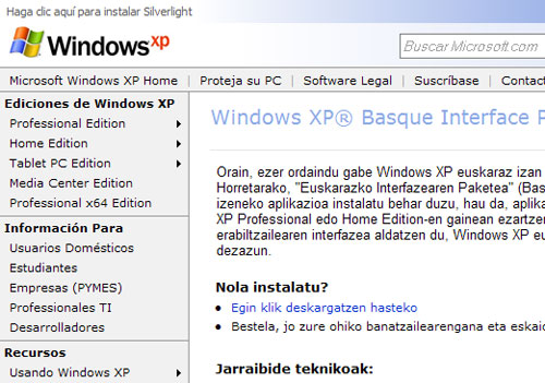 Microsoft-en webgunean aurki daiteke XP euskaraz jaisteko aplikazioa