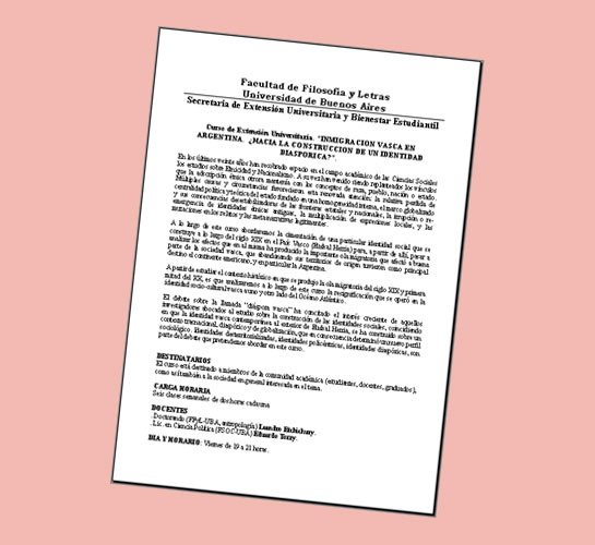 Convocatoria del curso impartido por Leandro Etchicury y Eduardo Torry sobre "Inmigración Vasca en Argentina, ¿hacia la construcción de una identidad diaspórica?"