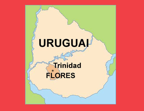 Uruguaiko Flores departamentua eta Trinidad hiriburua herrialdeko mapan