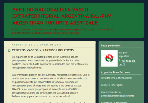 Portada del blog de la Junta Extraterritorial de Argentina de EAJ-PNV con el artículo en cuestión (foto EuskalKultura.com)